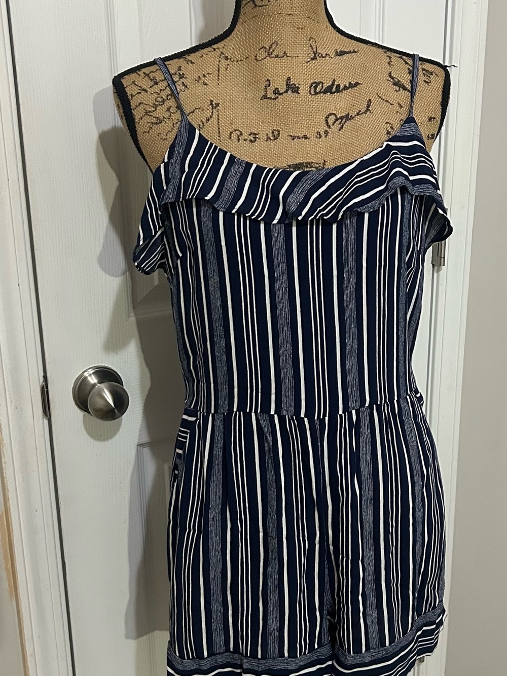 Loft Striped Navy and White Off-Shoulder Women's Romper